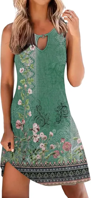 ETCYY NEW Summer Dresses for Women Trendy Boho Floral Print Sundresses Sleeveless Beach Cover Up Dress with Pockets