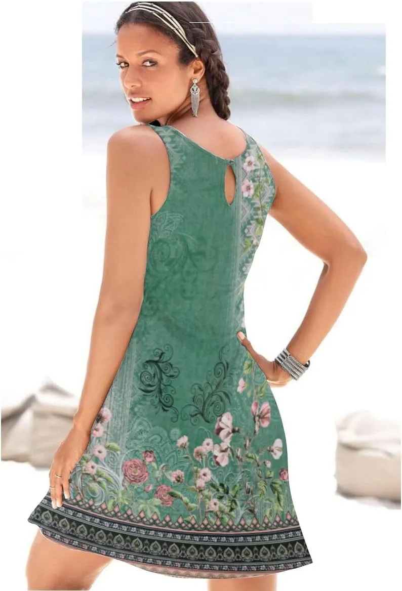 ETCYY NEW Summer Dresses for Women Trendy Boho Floral Print Sundresses Sleeveless Beach Cover Up Dress with Pockets