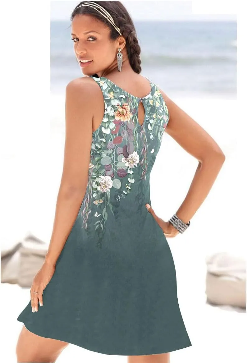 ETCYY NEW Summer Dresses for Women Trendy Boho Floral Print Sundresses Sleeveless Beach Cover Up Dress with Pockets