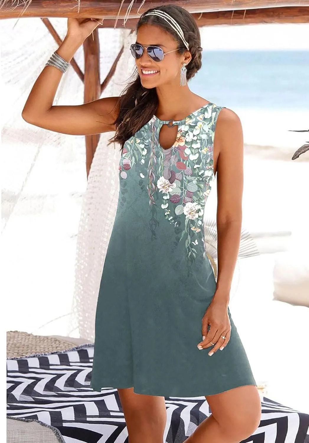 ETCYY NEW Summer Dresses for Women Trendy Boho Floral Print Sundresses Sleeveless Beach Cover Up Dress with Pockets