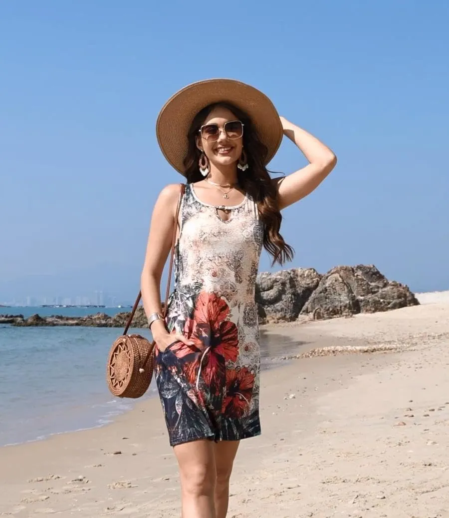 ETCYY NEW Summer Dresses for Women Trendy Boho Floral Print Sundresses Sleeveless Beach Cover Up Dress with Pockets