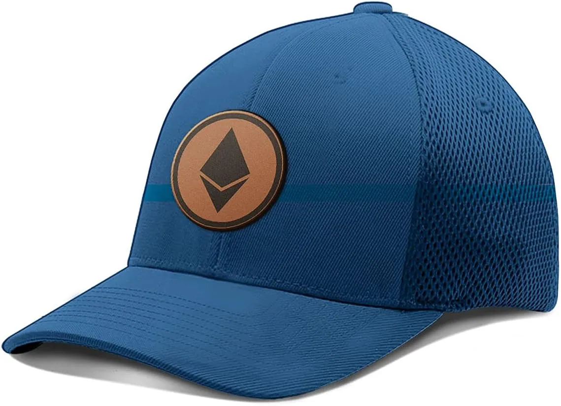 Ethereum Leather Patch Hat Fitted Flexfit Hats Crypto Baseball Cap Ultrafibre Breathable Mesh Side for Casual Wear