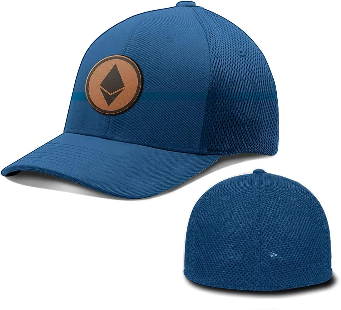 Ethereum Leather Patch Hat Fitted Flexfit Hats Crypto Baseball Cap Ultrafibre Breathable Mesh Side for Casual Wear