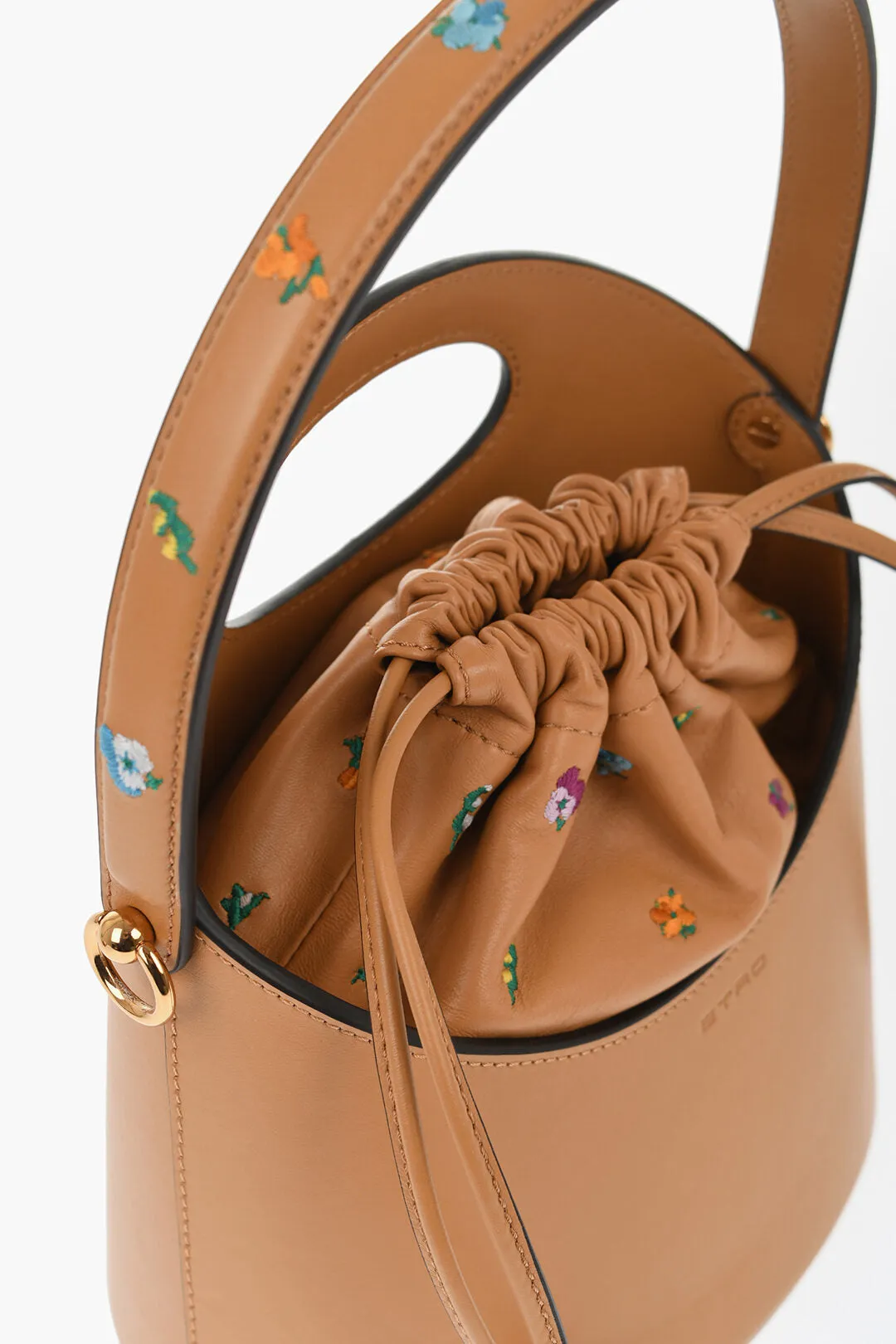 Etro Leather Bucket Bag with Embroidery Flowers