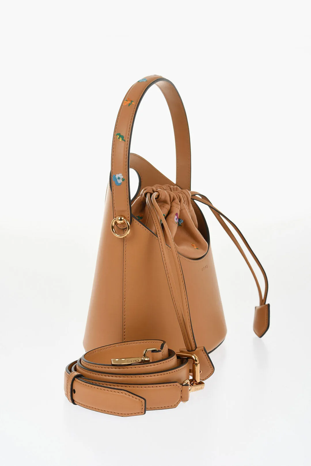Etro Leather Bucket Bag with Embroidery Flowers