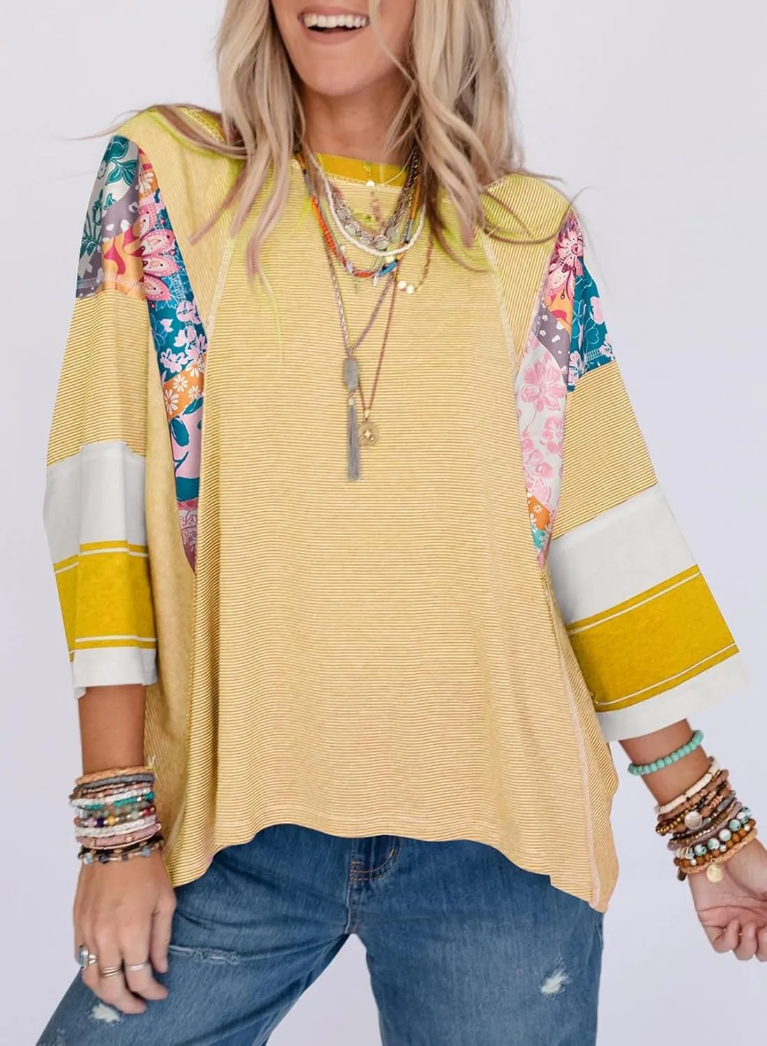 EVALESS 3/4 Length Sleeve Womens Tops Trendy 2025 Spring Summer Crew Neck Oversized Striped Patchwork Shirts Blouse