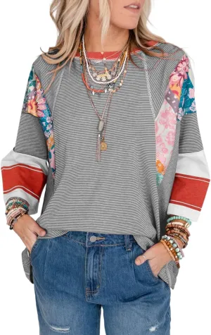 EVALESS 3/4 Length Sleeve Womens Tops Trendy 2025 Spring Summer Crew Neck Oversized Striped Patchwork Shirts Blouse