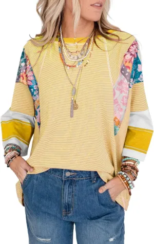 EVALESS 3/4 Length Sleeve Womens Tops Trendy 2025 Spring Summer Crew Neck Oversized Striped Patchwork Shirts Blouse