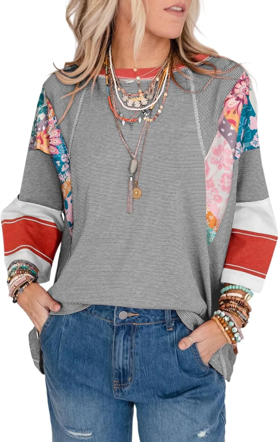 EVALESS 3/4 Length Sleeve Womens Tops Trendy 2025 Spring Summer Crew Neck Oversized Striped Patchwork Shirts Blouse