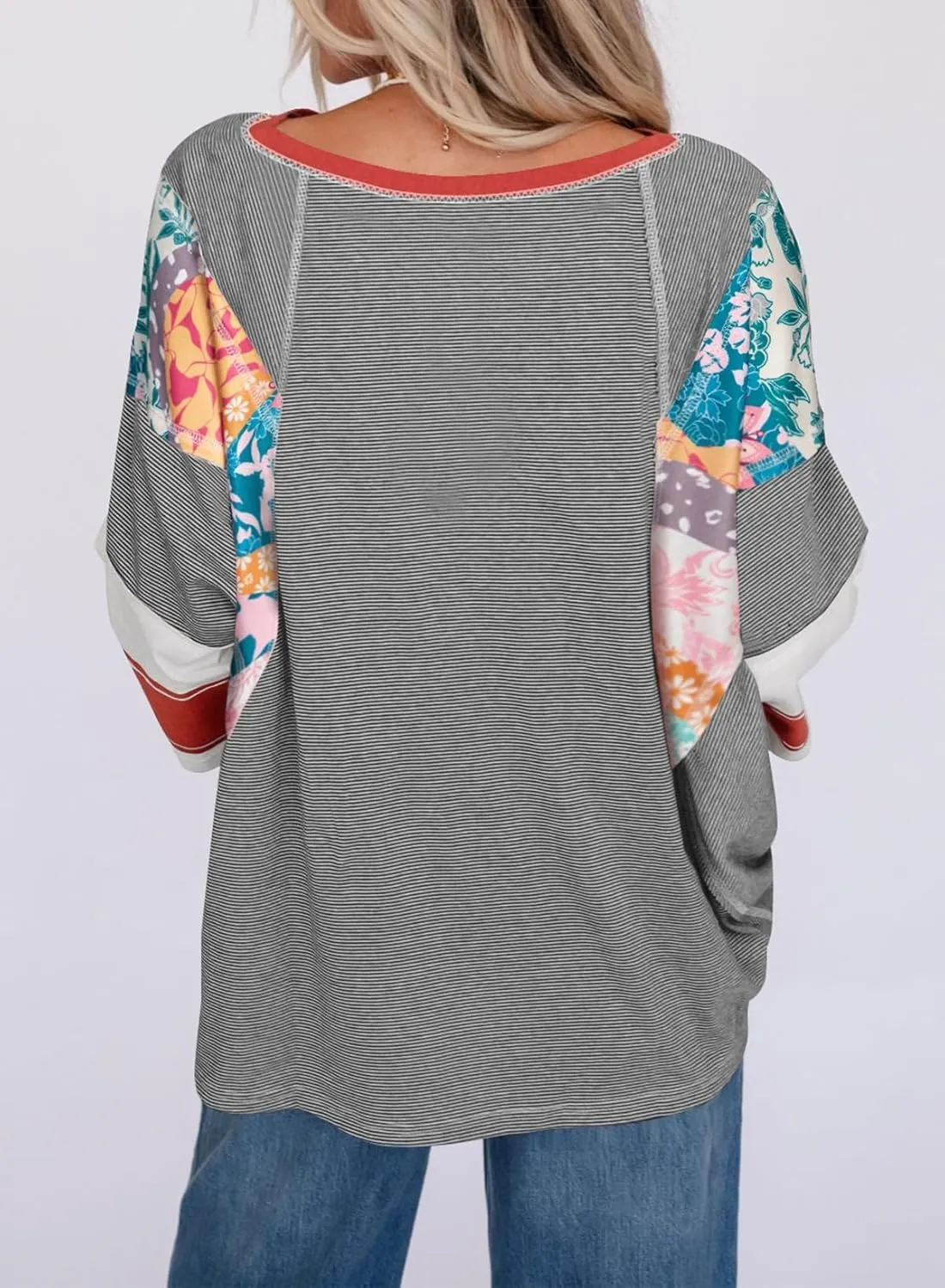 EVALESS 3/4 Length Sleeve Womens Tops Trendy 2025 Spring Summer Crew Neck Oversized Striped Patchwork Shirts Blouse