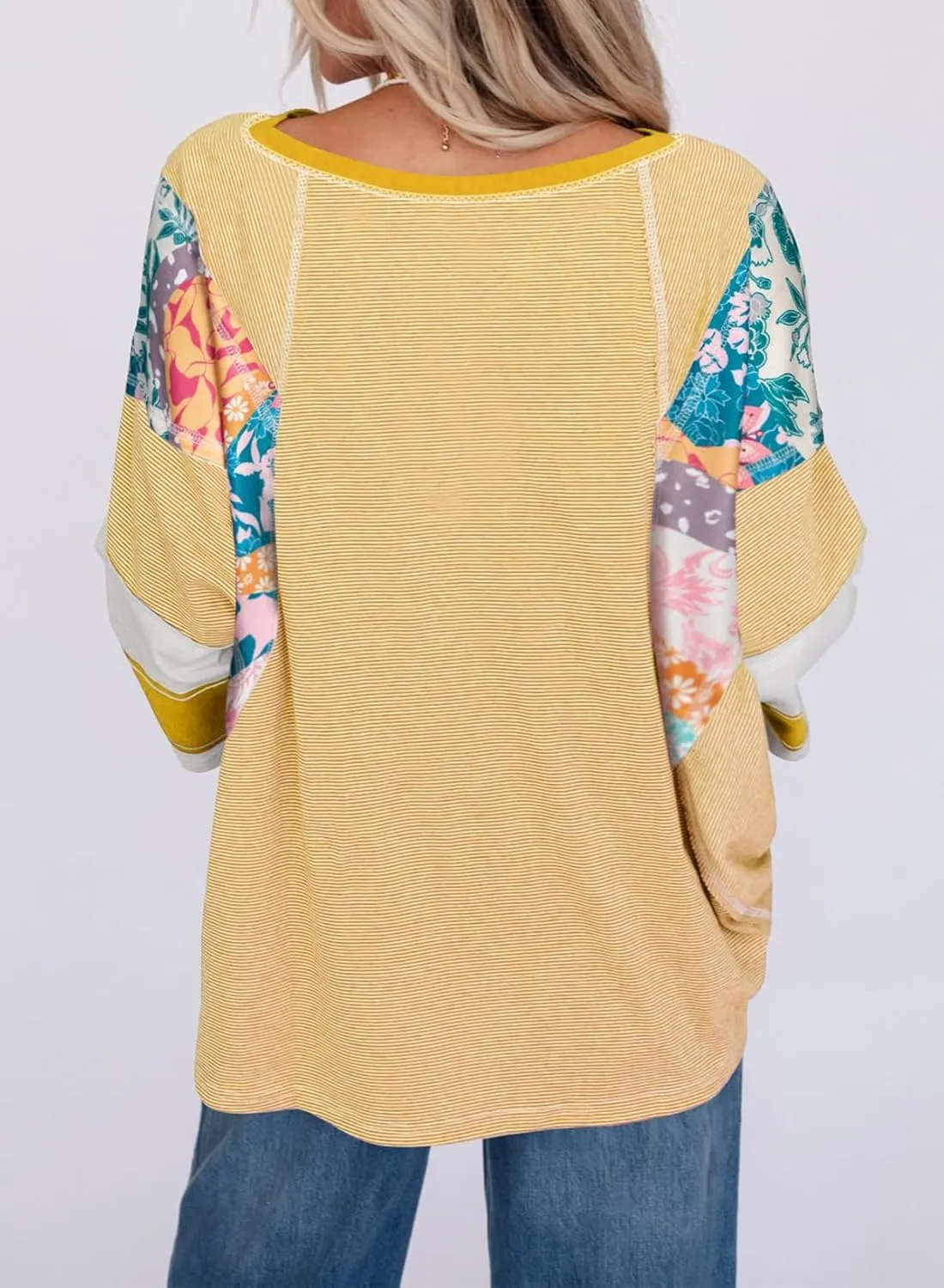 EVALESS 3/4 Length Sleeve Womens Tops Trendy 2025 Spring Summer Crew Neck Oversized Striped Patchwork Shirts Blouse