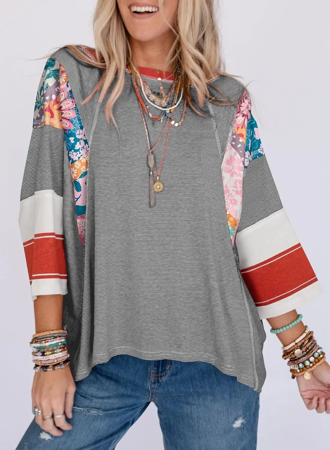 EVALESS 3/4 Length Sleeve Womens Tops Trendy 2025 Spring Summer Crew Neck Oversized Striped Patchwork Shirts Blouse