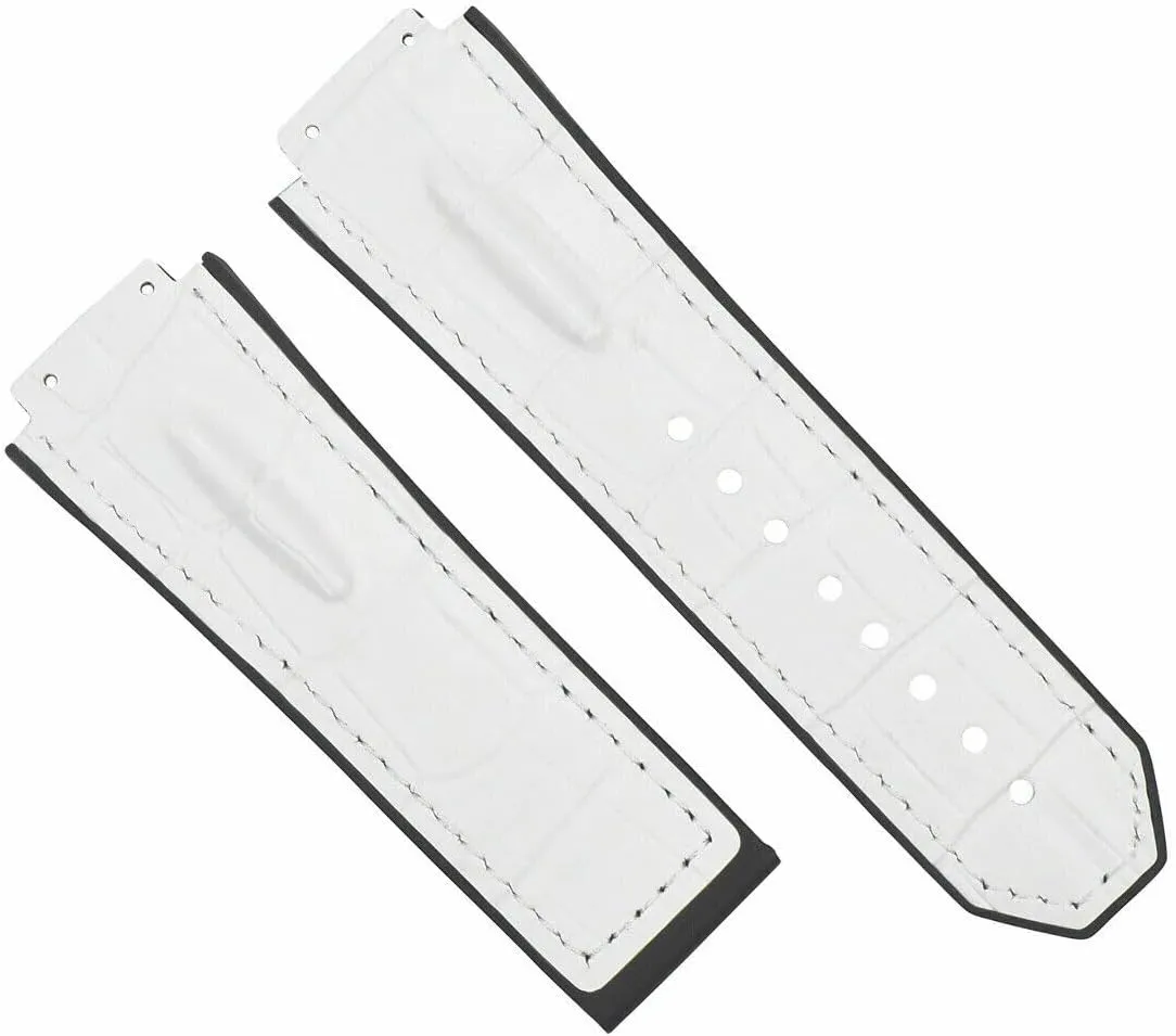 Ewatchparts 25mm Leather Rubber Strap Compatible With 44-45mm Hublot Big Bang Ceramic Fusion White