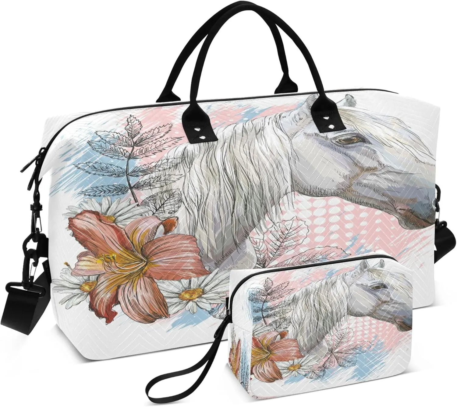 Exnundod White Horse Travel Duffel Bags for Women Lily Flowers Leaves Sports Gym Bag Weekender Carry On Tote Overnight Luggage Duffle Bags