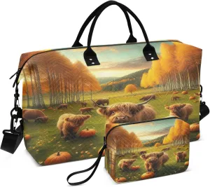 Exnundod Women Weekender Bags Autumn Highland Cow Travel Duffel Bags Carry On Overnight Bag Pumpkins Trees Large Hospital Tote Luggage