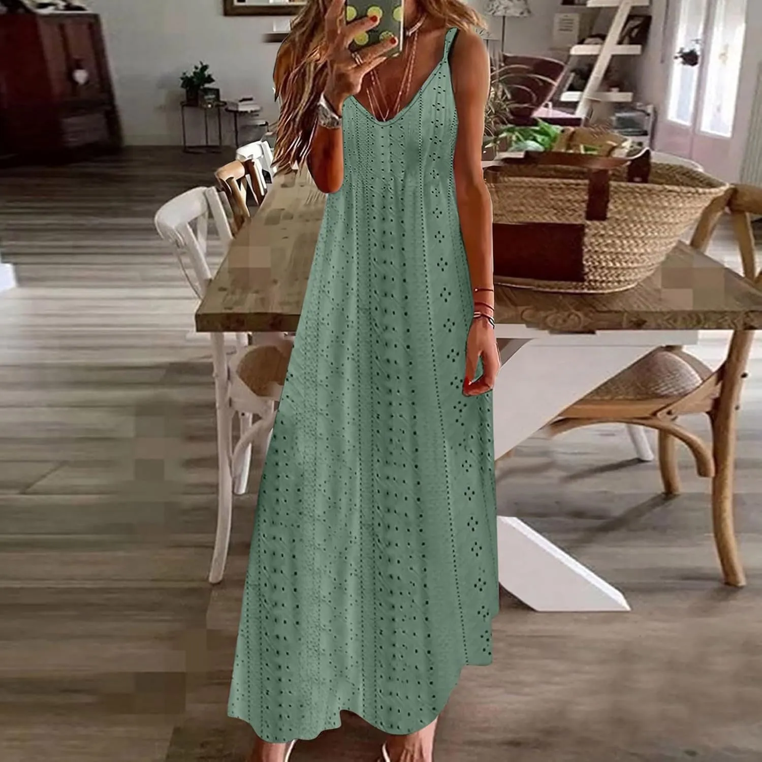 Eyelet Dress for Women 2024 Casual Sleeveless Long Maxi Dress Trendy Sexy V Neck Slip Dress Summer Vacation Outfits