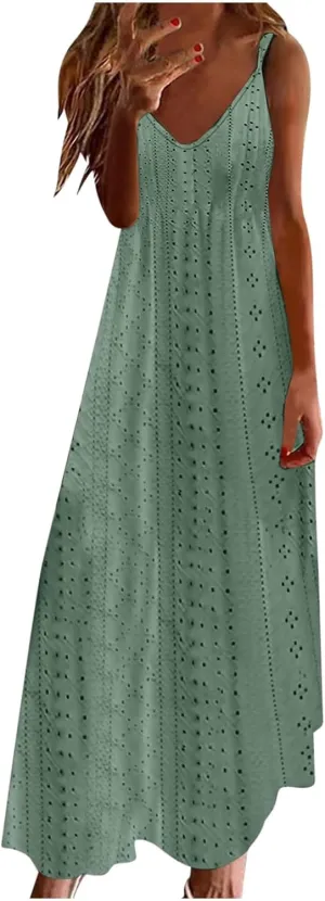 Eyelet Dress for Women 2024 Casual Sleeveless Long Maxi Dress Trendy Sexy V Neck Slip Dress Summer Vacation Outfits