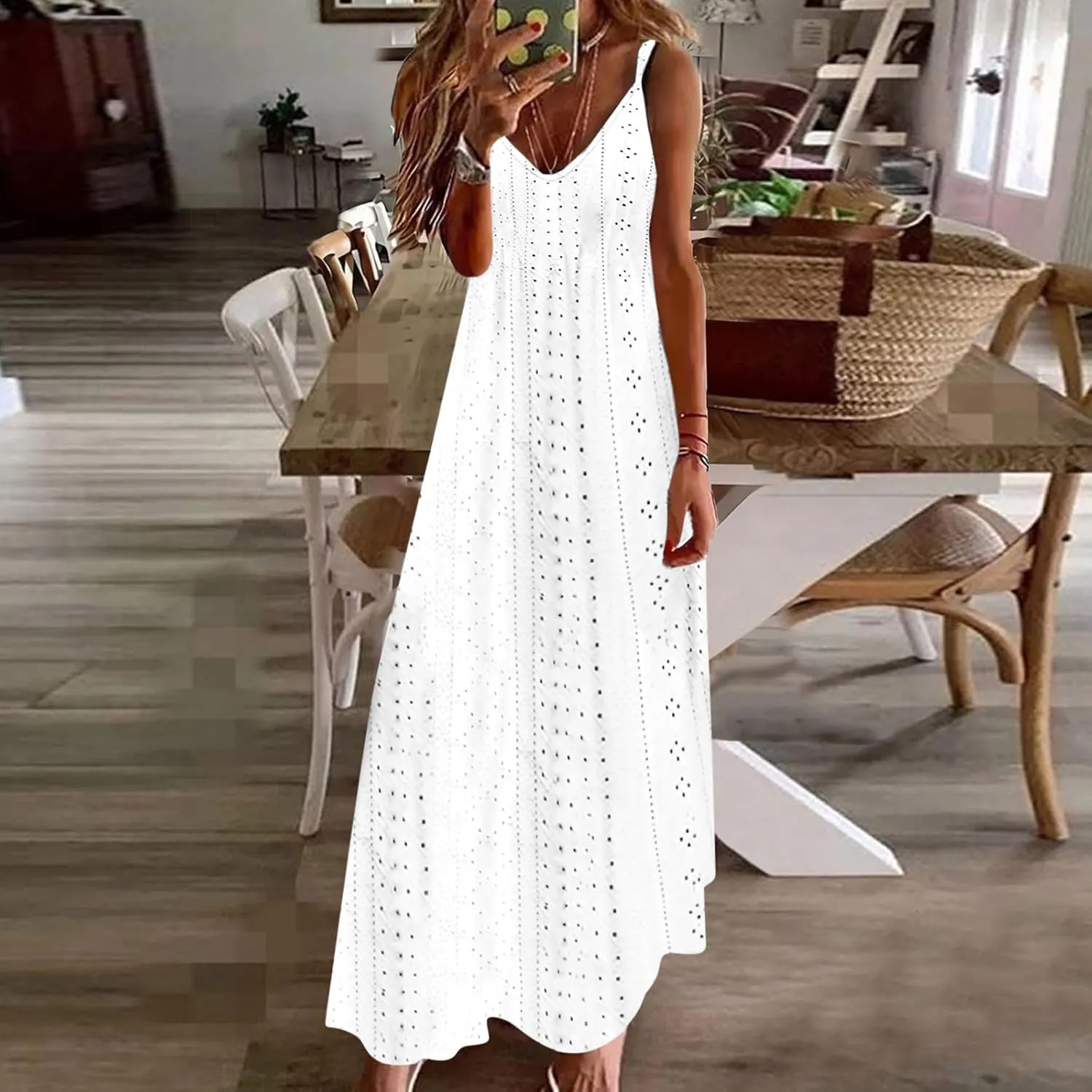 Eyelet Dress for Women 2024 Casual Sleeveless Long Maxi Dress Trendy Sexy V Neck Slip Dress Summer Vacation Outfits