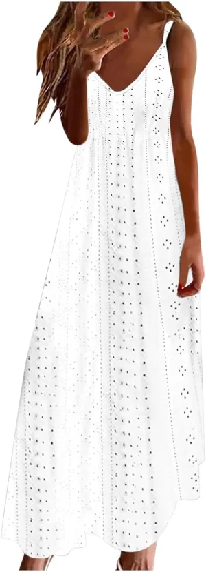 Eyelet Dress for Women 2024 Casual Sleeveless Long Maxi Dress Trendy Sexy V Neck Slip Dress Summer Vacation Outfits