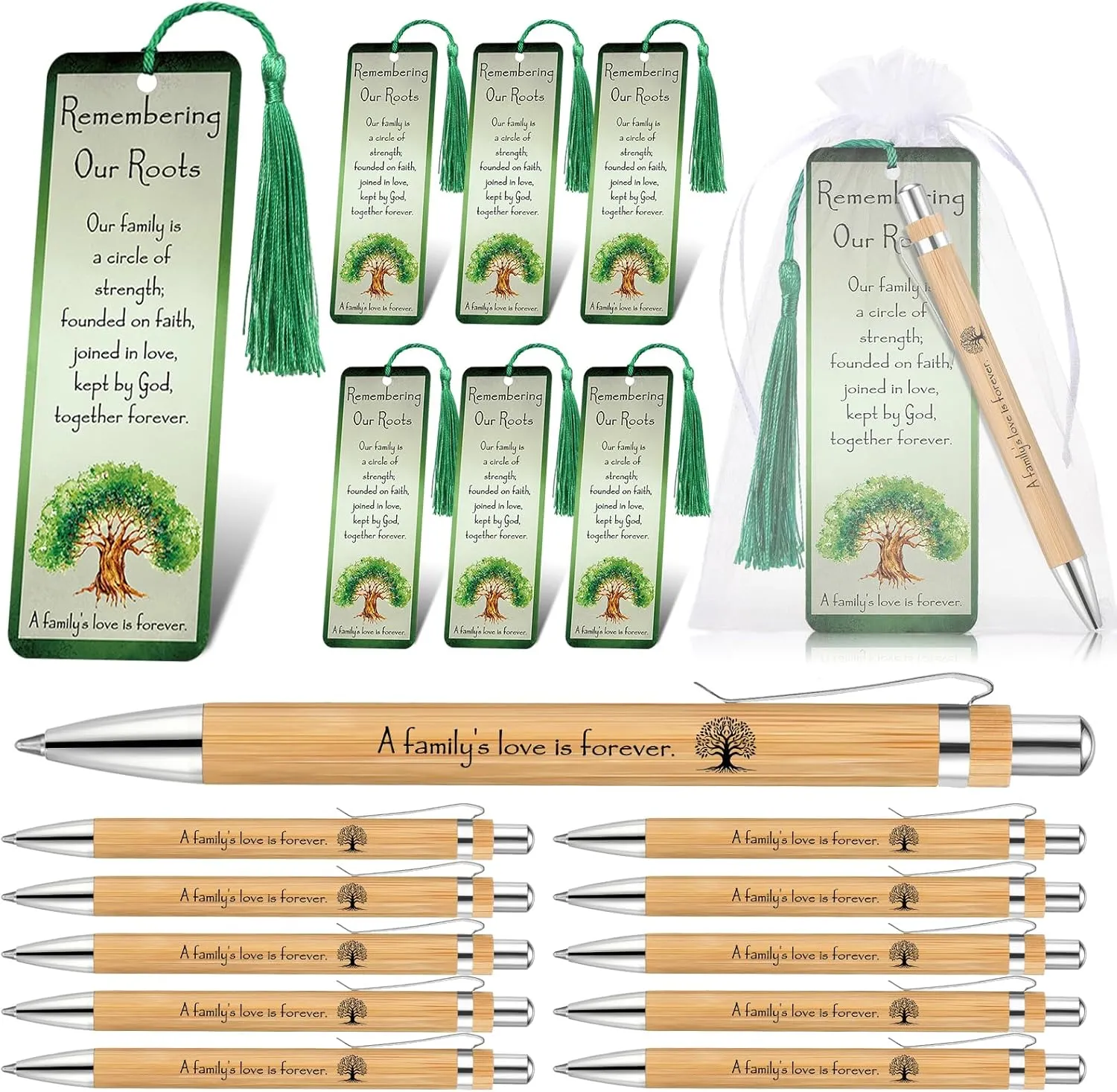 Family Reunion Favors Bamboo Pens Inspirational Ballpoint Pen with Bookmarks Paper Bookmarks and Gift Bag Family Reunion Gifts for Party Guest(50)