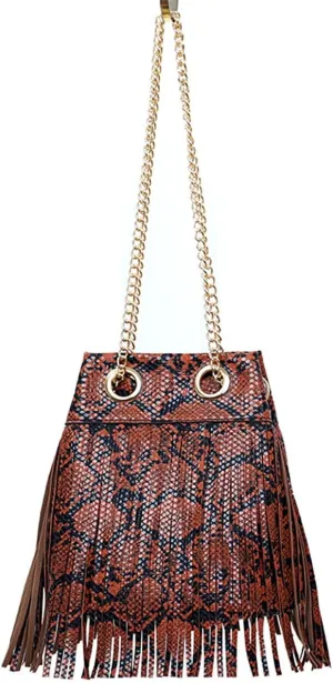 Fashion Vegan Leather Shoulder Bag for Women Snakeskin Purse Large Bucket Top Handleg Tote Handbag Tassels with Chain