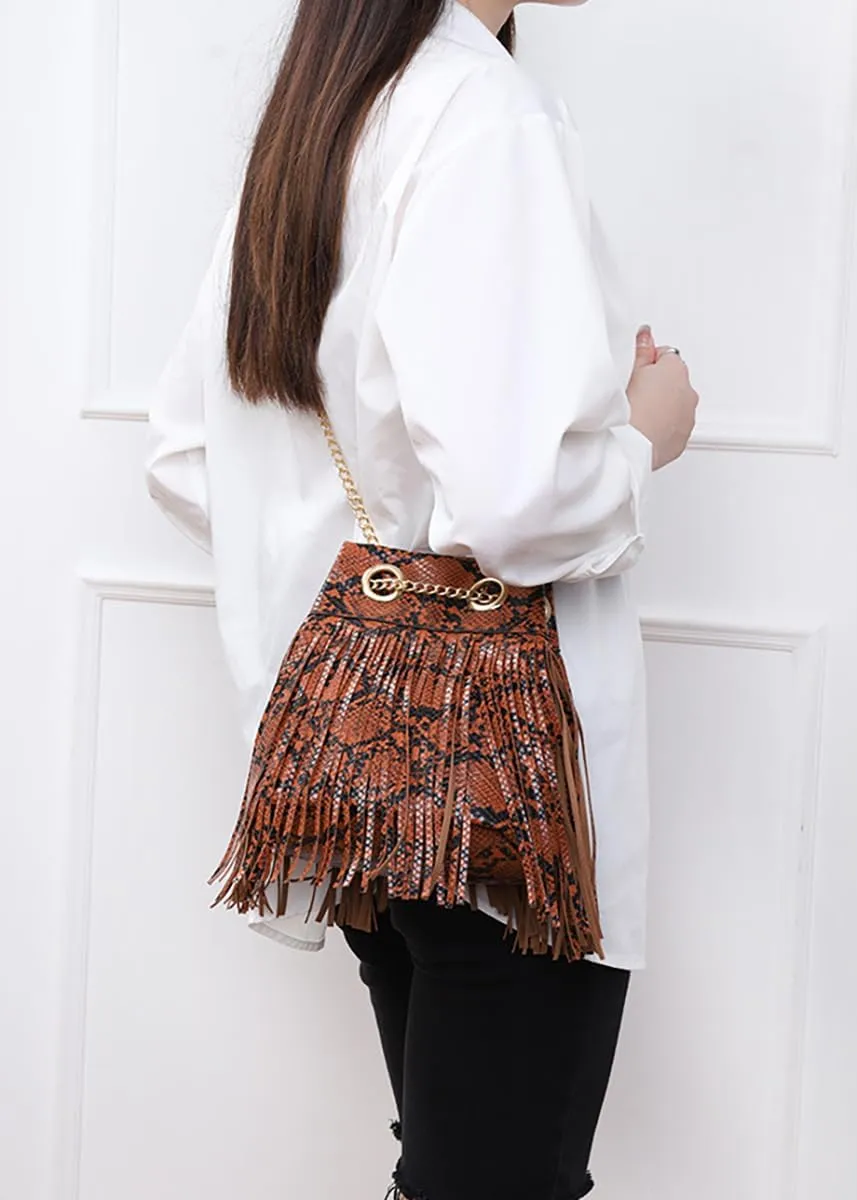 Fashion Vegan Leather Shoulder Bag for Women Snakeskin Purse Large Bucket Top Handleg Tote Handbag Tassels with Chain