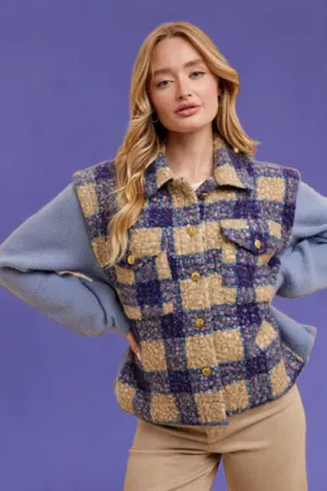 Faux Fur Plaid Button Up Jacket
