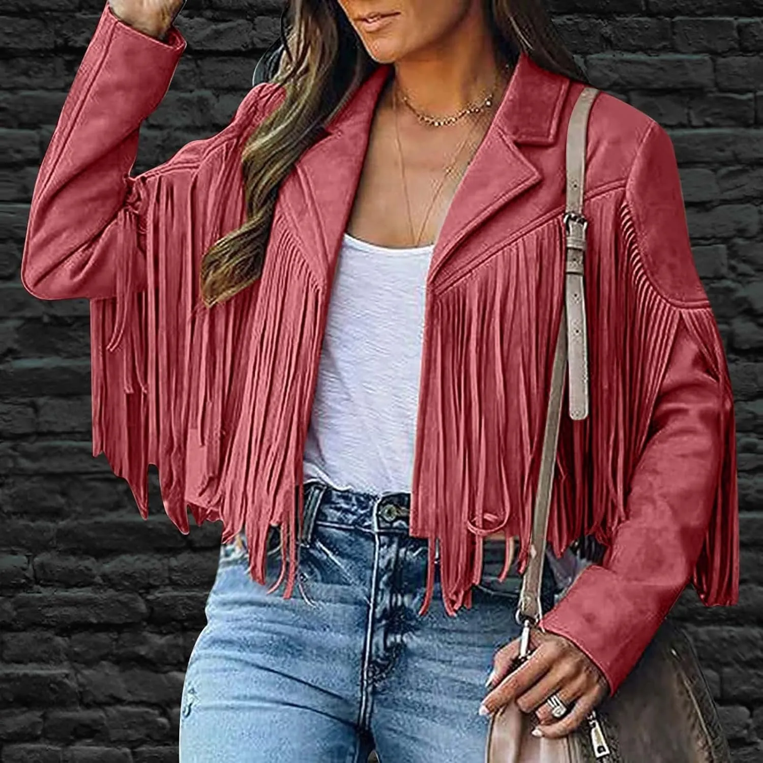 Faux Suede Leather Fringe Jacket for Women 70s Hippie Cardigans Trendy Motorcycle Tassels Long Sleeve Coats