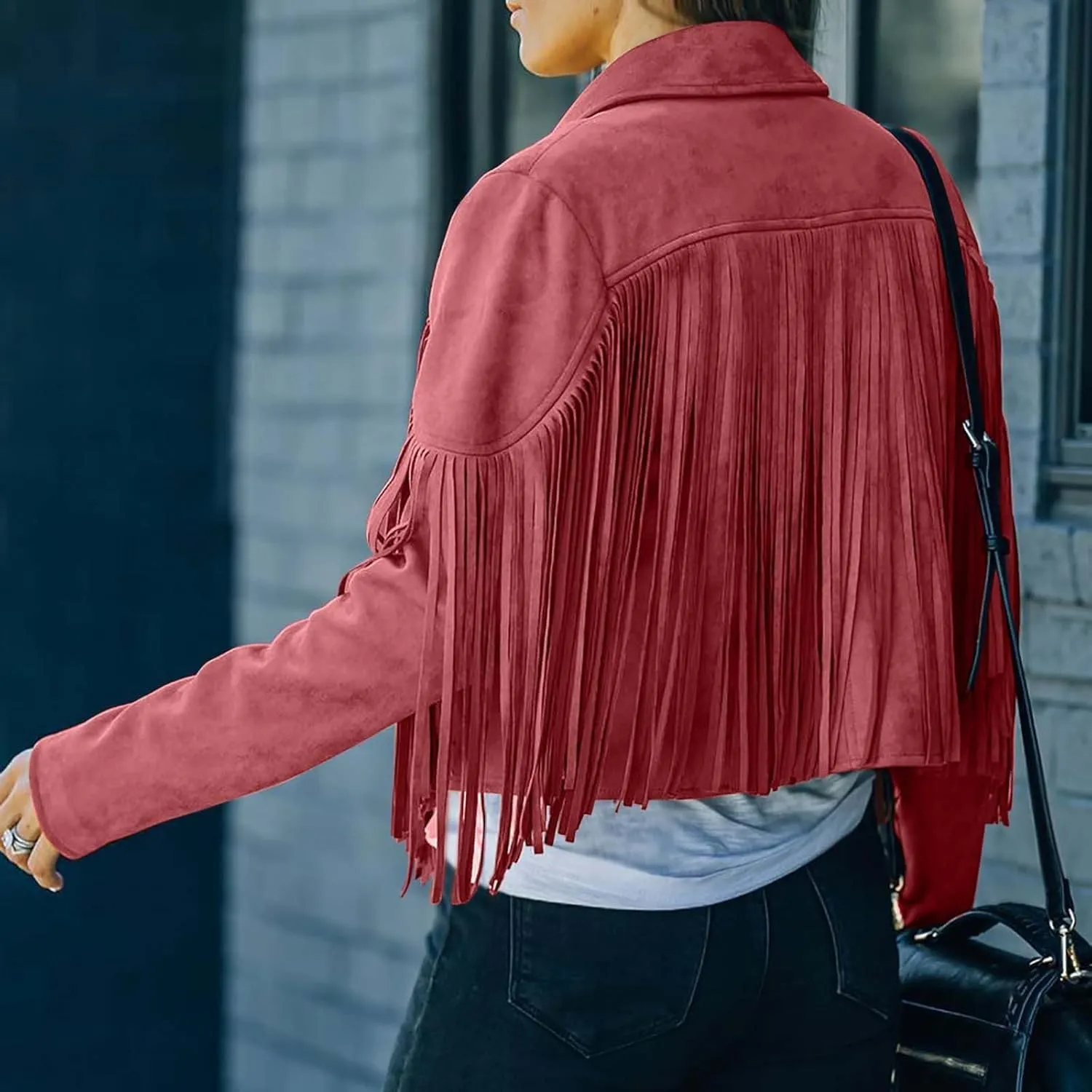 Faux Suede Leather Fringe Jacket for Women 70s Hippie Cardigans Trendy Motorcycle Tassels Long Sleeve Coats
