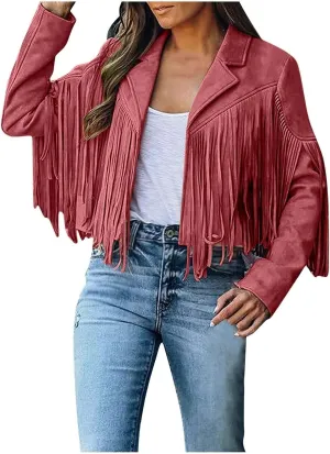 Faux Suede Leather Fringe Jacket for Women 70s Hippie Cardigans Trendy Motorcycle Tassels Long Sleeve Coats