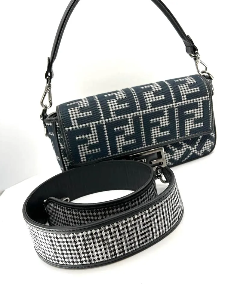 FENDI HOUNDSTOOTH WOOL FF EMBROIDERY SHOULDER BAG