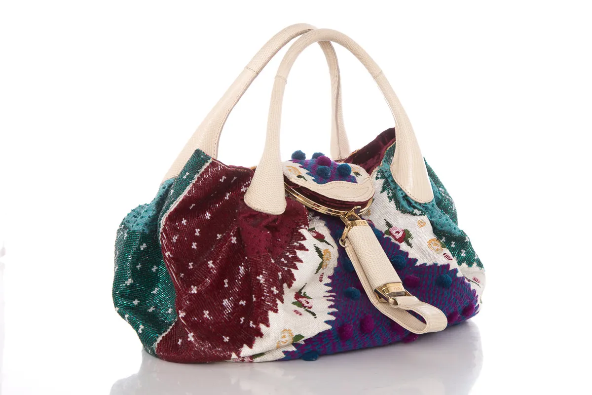 Fendi Ivory & Multicolor Limited Edition Embroidered Spy Hobo