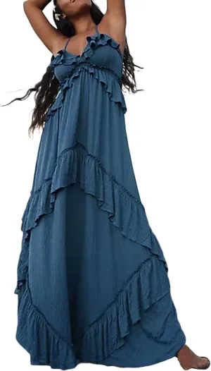 FEORJGP Womens Summer Boho Low Cut Backless Bodycon Midi Dress