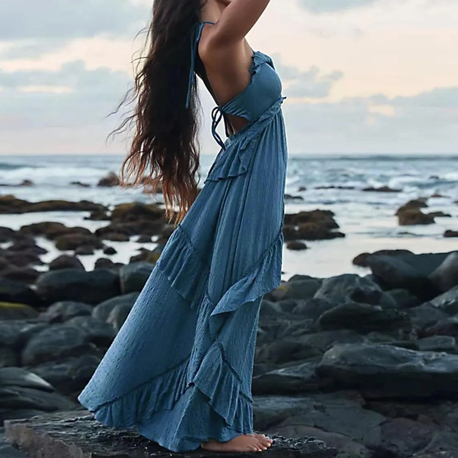 FEORJGP Womens Summer Boho Low Cut Backless Bodycon Midi Dress