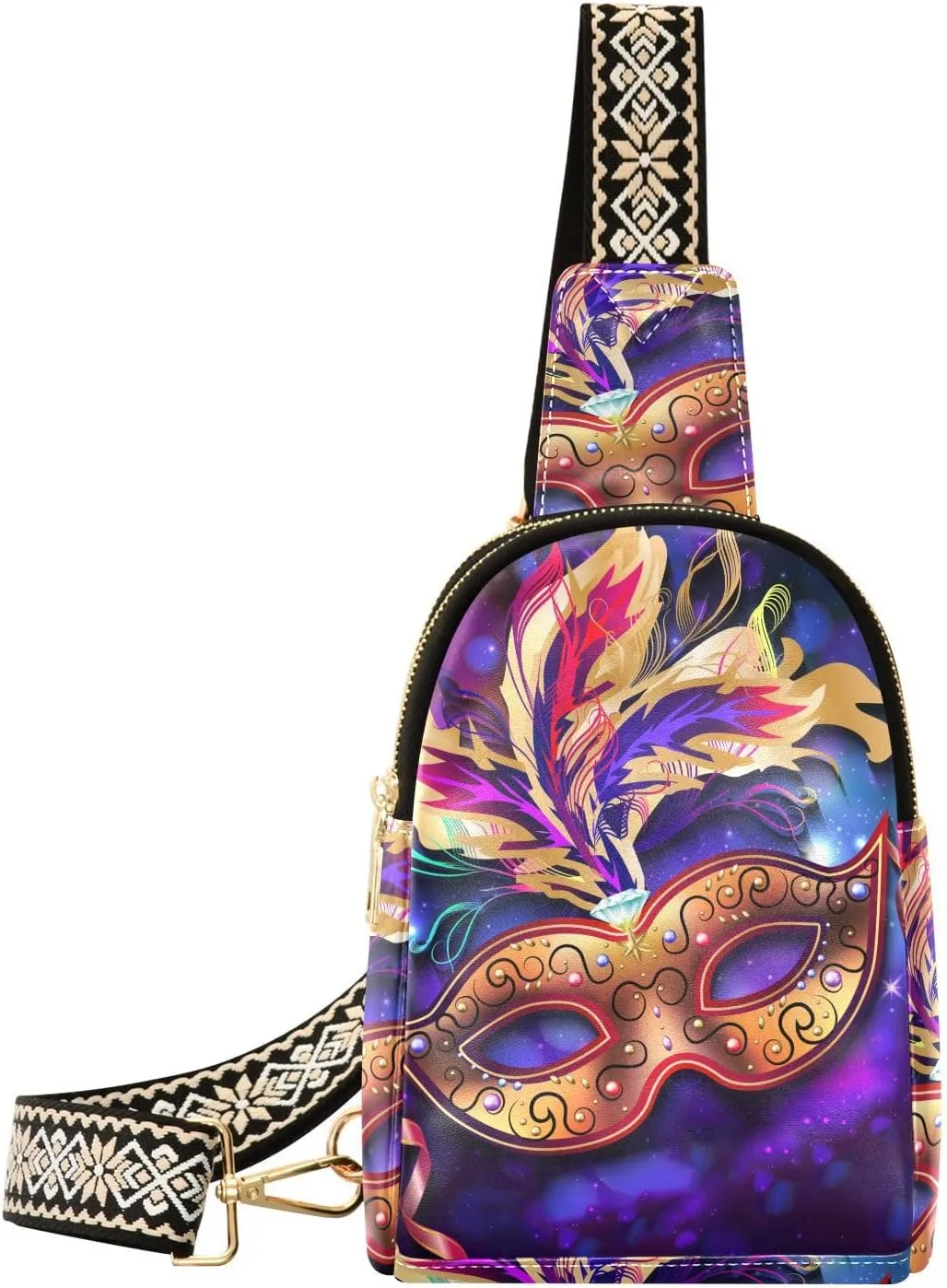 Fisyme Mardi Gras Mask Small Sling Bag for Women, Fashion Waist Packs Leather Crossbody Fanny Packs Purse for Travel