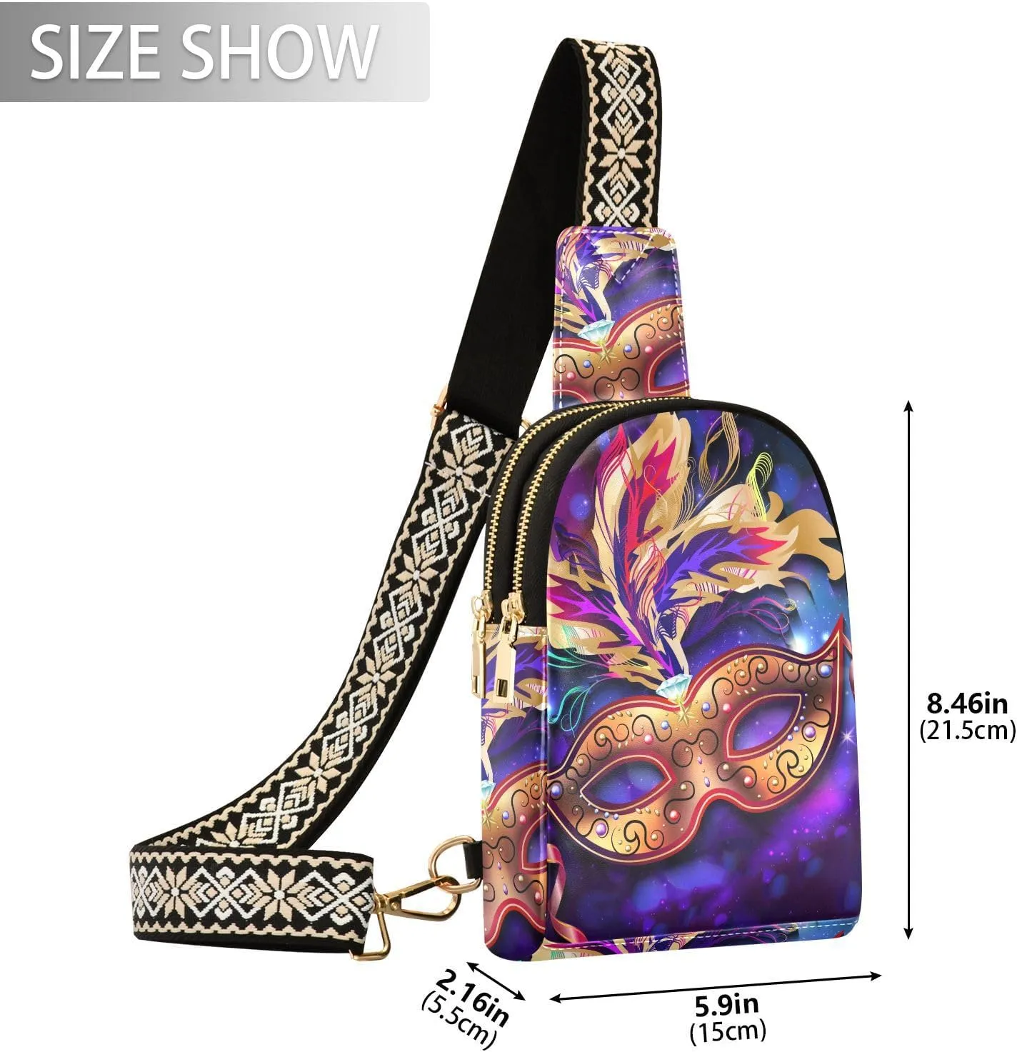Fisyme Mardi Gras Mask Small Sling Bag for Women, Fashion Waist Packs Leather Crossbody Fanny Packs Purse for Travel