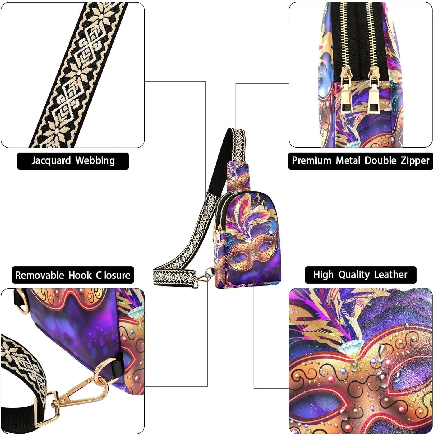 Fisyme Mardi Gras Mask Small Sling Bag for Women, Fashion Waist Packs Leather Crossbody Fanny Packs Purse for Travel