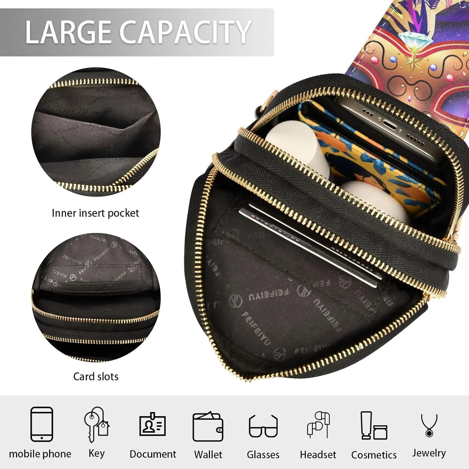 Fisyme Mardi Gras Mask Small Sling Bag for Women, Fashion Waist Packs Leather Crossbody Fanny Packs Purse for Travel