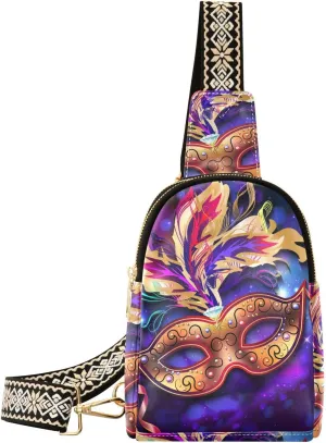 Fisyme Mardi Gras Mask Small Sling Bag for Women, Fashion Waist Packs Leather Crossbody Fanny Packs Purse for Travel
