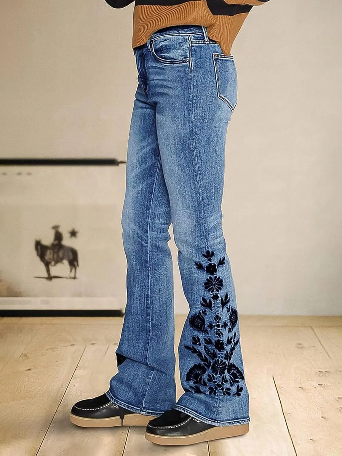 Flamingals Bootcut Jeans for Women Mid Waist Casual Wash Floral Embroidery High Stretch Jeans
