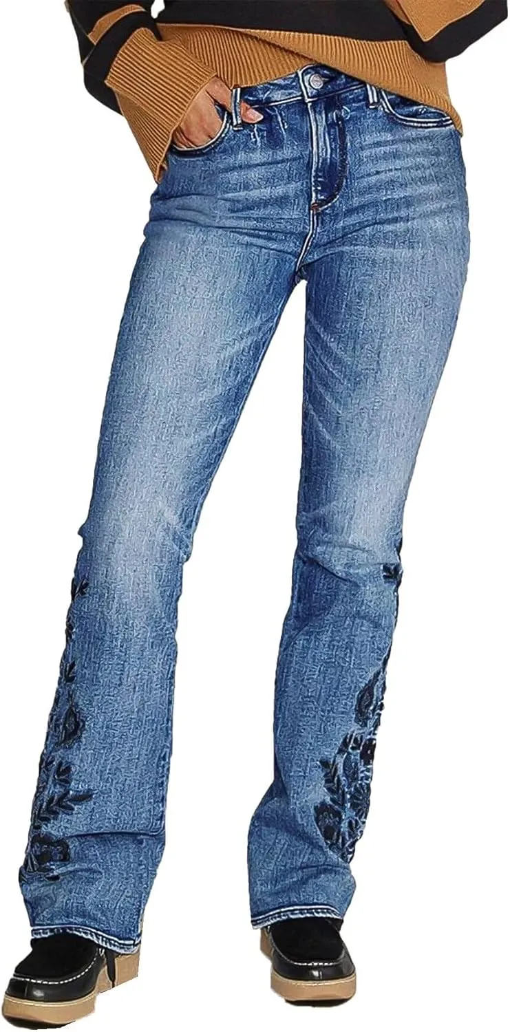 Flamingals Bootcut Jeans for Women Mid Waist Casual Wash Floral Embroidery High Stretch Jeans
