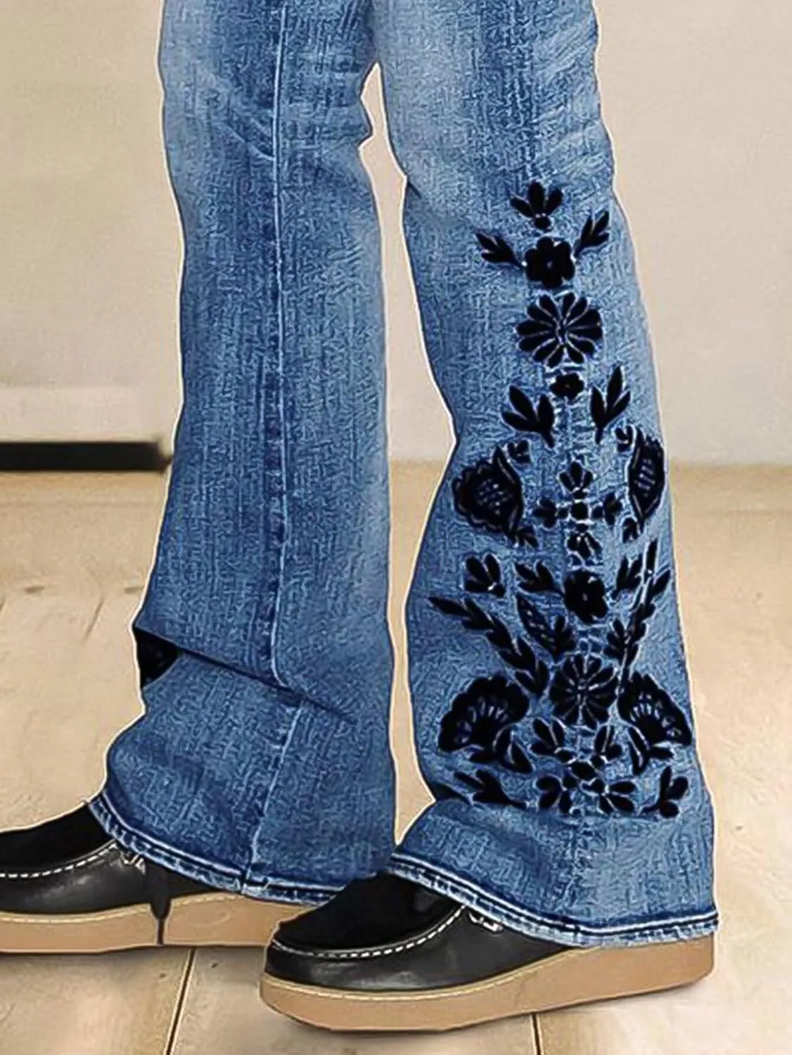 Flamingals Bootcut Jeans for Women Mid Waist Casual Wash Floral Embroidery High Stretch Jeans