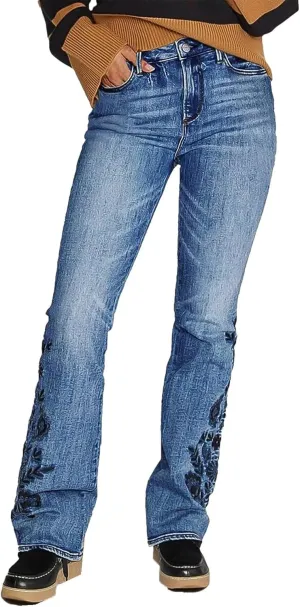Flamingals Bootcut Jeans for Women Mid Waist Casual Wash Floral Embroidery High Stretch Jeans