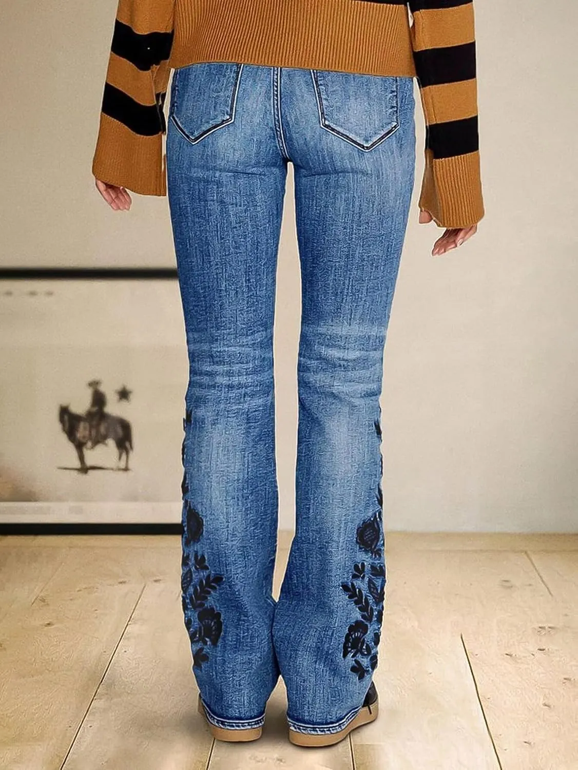 Flamingals Bootcut Jeans for Women Mid Waist Casual Wash Floral Embroidery High Stretch Jeans