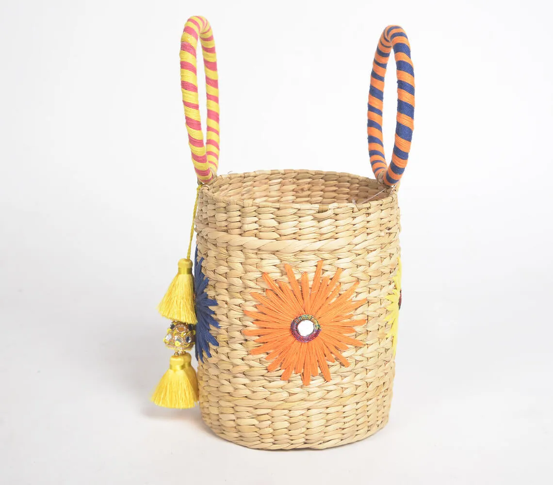 Floral Detailed Basket Woven Cane Bucket Bag