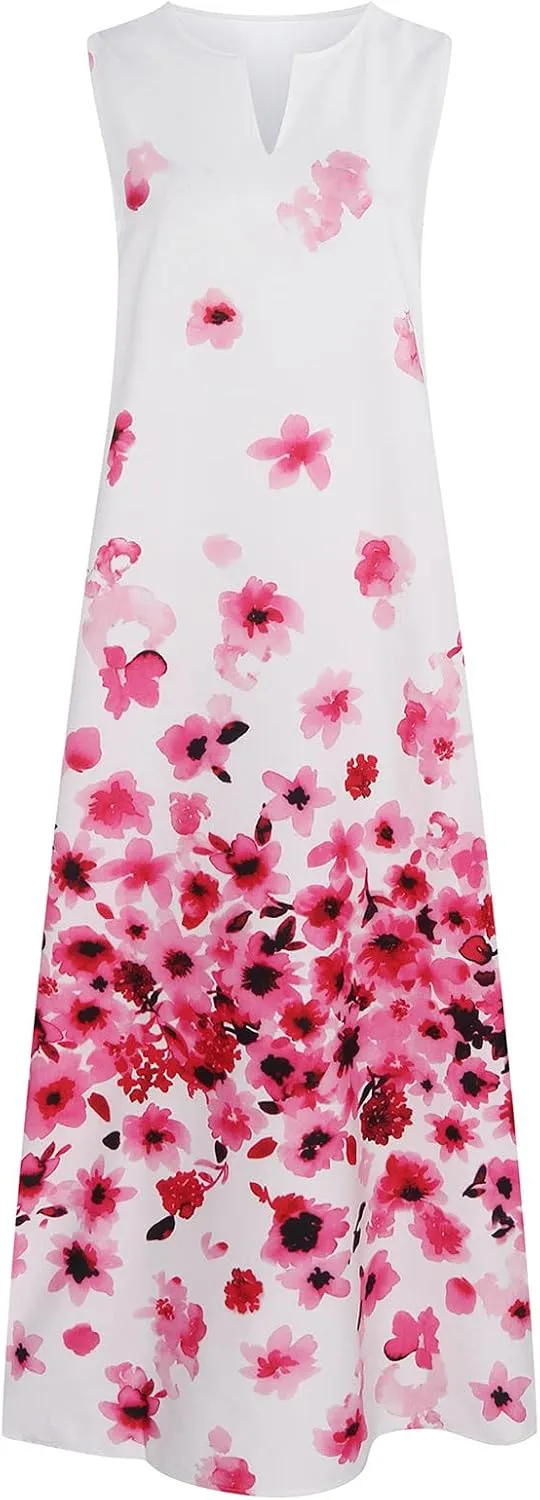 Floral Dress for Women Elegant V Neck Sleeveless Ruffle Bohemian Dresses with Pocket Summer Causal Boho Maxi Sundress