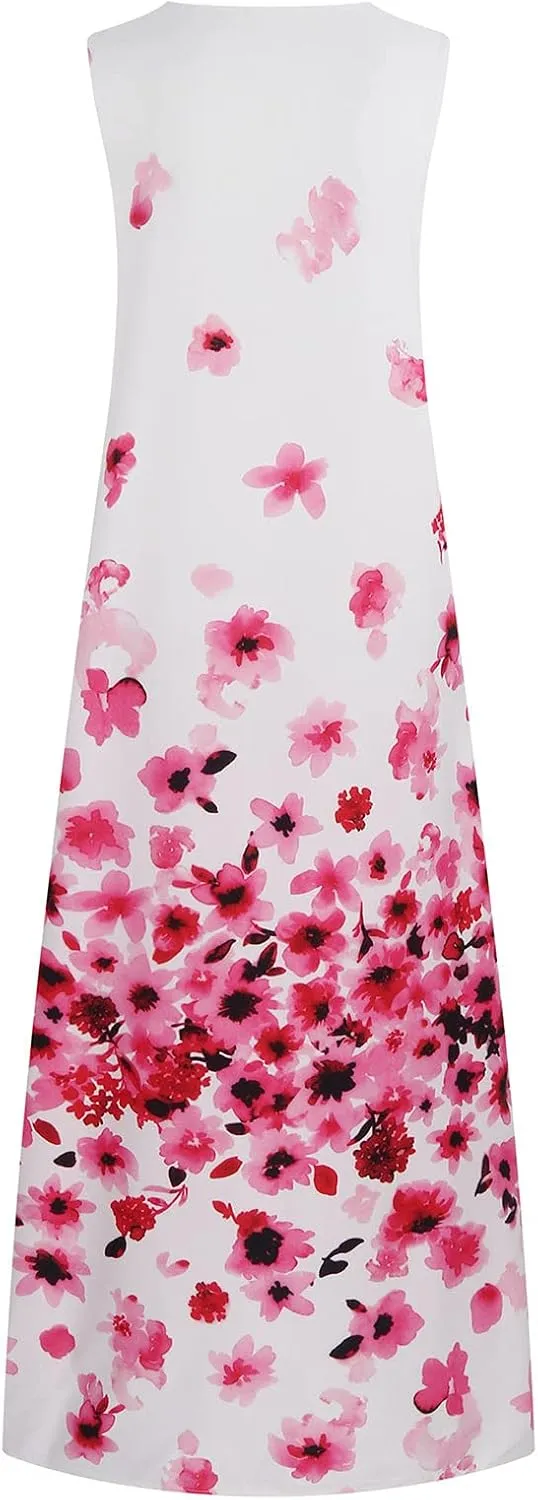 Floral Dress for Women Elegant V Neck Sleeveless Ruffle Bohemian Dresses with Pocket Summer Causal Boho Maxi Sundress