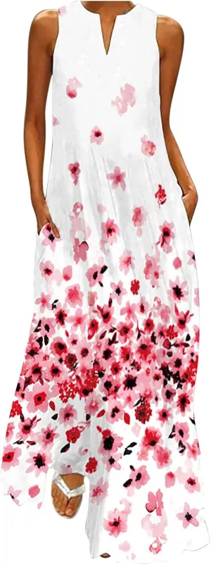 Floral Dress for Women Elegant V Neck Sleeveless Ruffle Bohemian Dresses with Pocket Summer Causal Boho Maxi Sundress