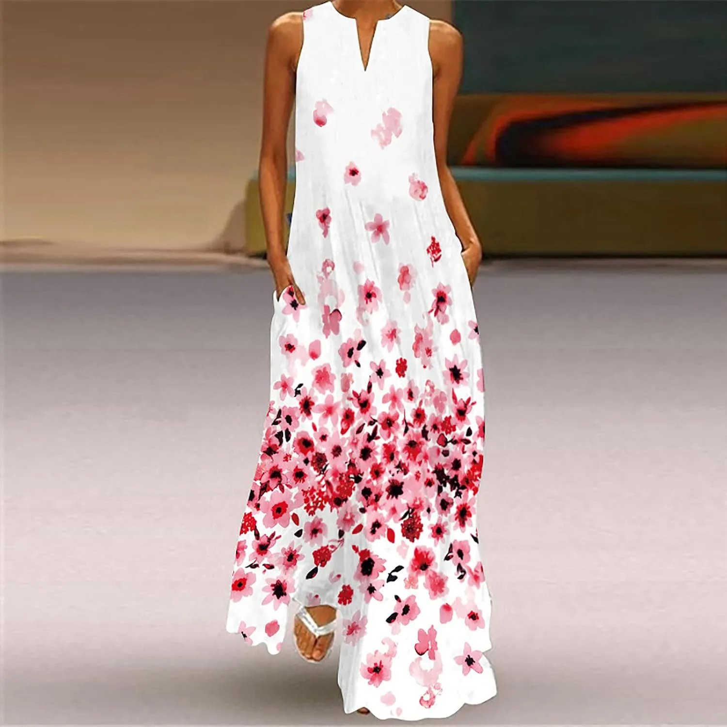 Floral Dress for Women Elegant V Neck Sleeveless Ruffle Bohemian Dresses with Pocket Summer Causal Boho Maxi Sundress
