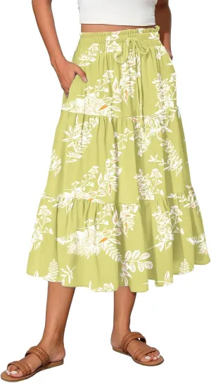 Floral Midi Length Skirt Casual Work Flowy A Line Skirts Summer Comfy Business Casual Outfits